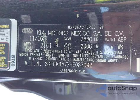 2017 Kia Forte Lx from USA, damaged, VIN 3KPFK4A7XHE087092